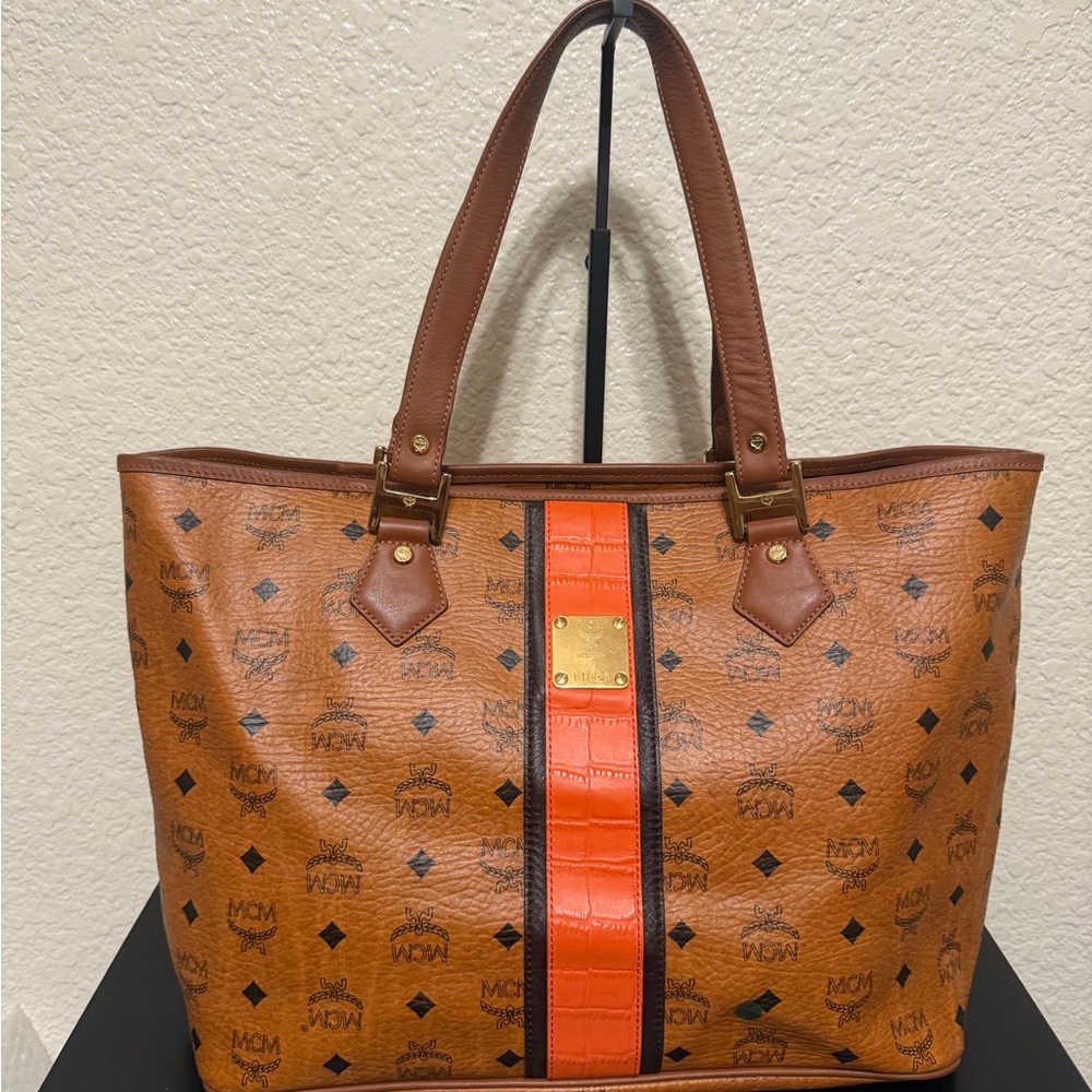 MCM Cognac Monogram Tote with Orange Center Stripe